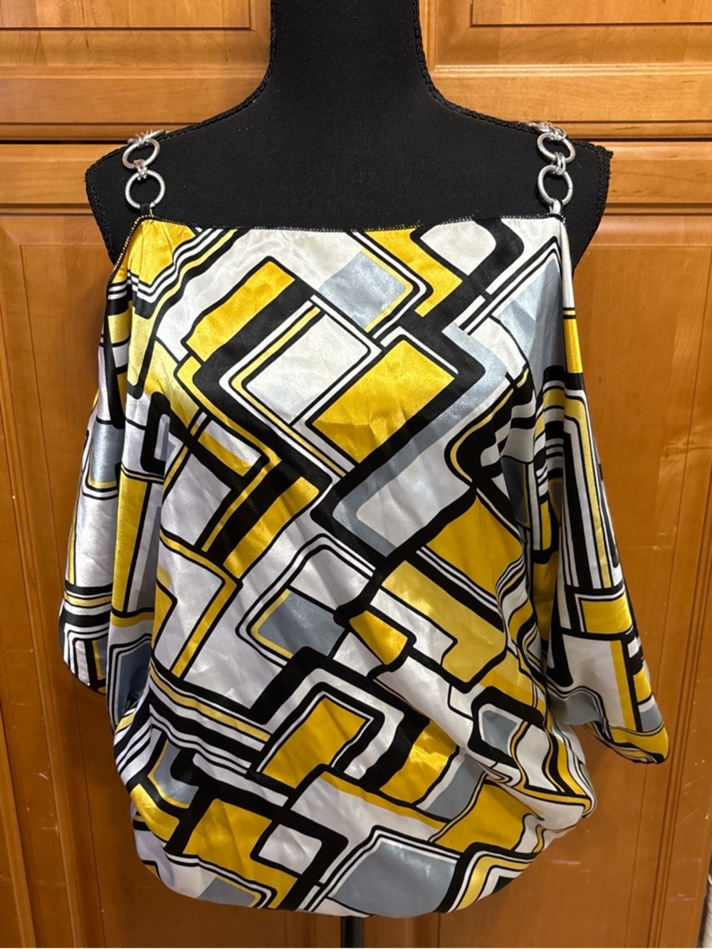 Arianne Geometric Cold-Shoulder Satin Top in Yellow, Silver and Black